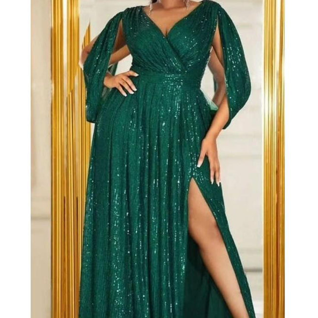 Sexy V-Neck Glitter Slit Dress