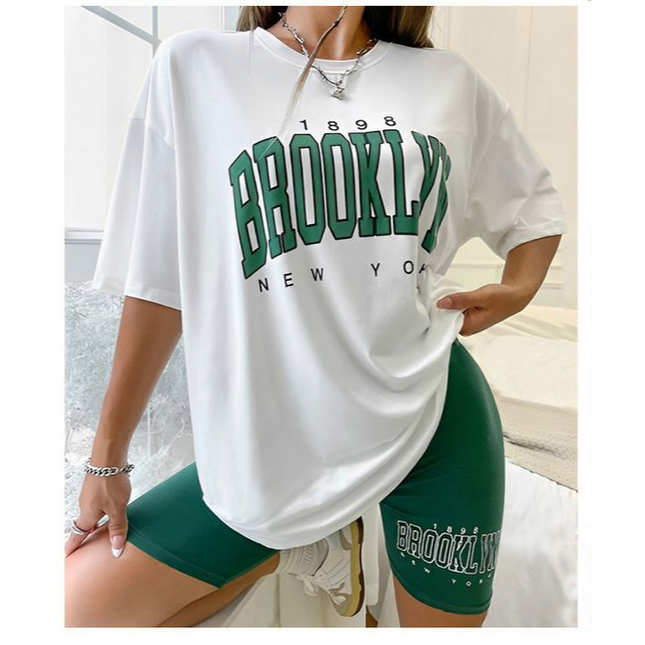 Short Sleeve Ladies Brooklyn Printed T Shirt and Tight Pants Set.