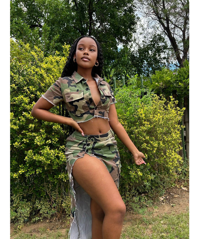 Camouflage Slit skirt and top set