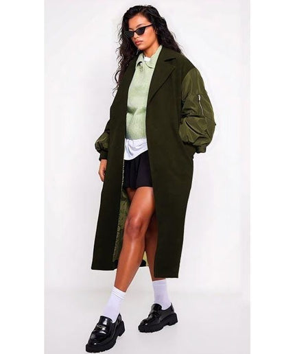 Bomber Sleeve Faux Wool Belted Coat