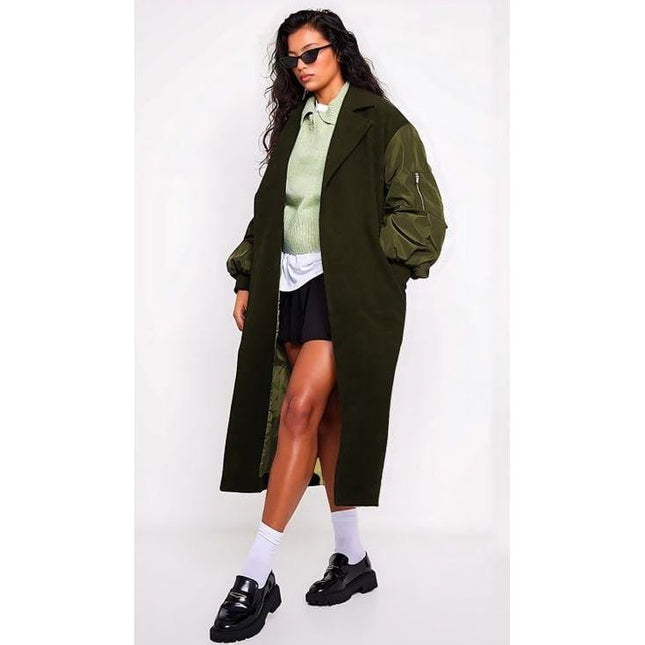 Bomber Sleeve Faux Wool Belted Coat