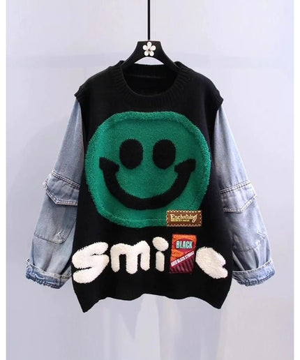 Smiling Face Denim Sleeve Jersey