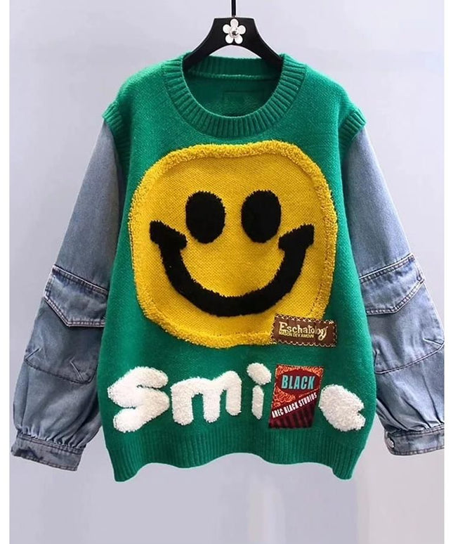 Smiling Face Denim Sleeve Jersey