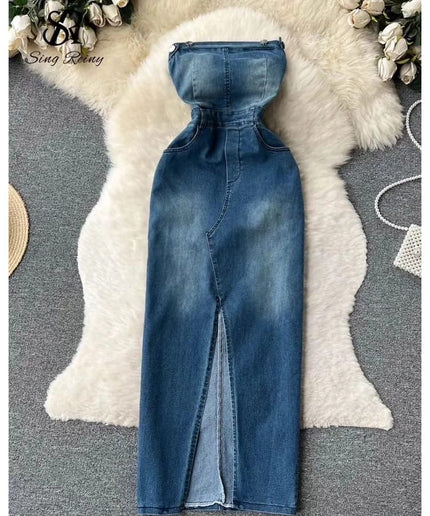 Boob Tube Slit Denim Dress