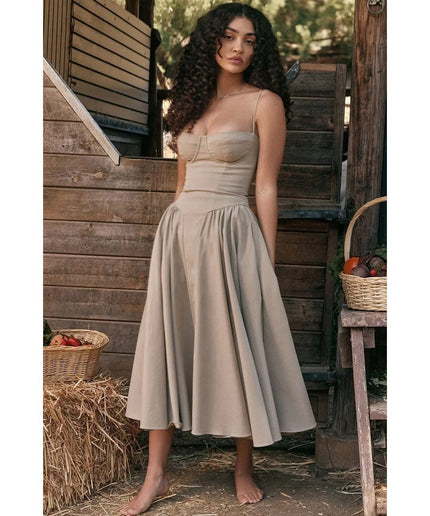 Spaghetti Strap Pleated Sleeveless Corset Midi Dress.