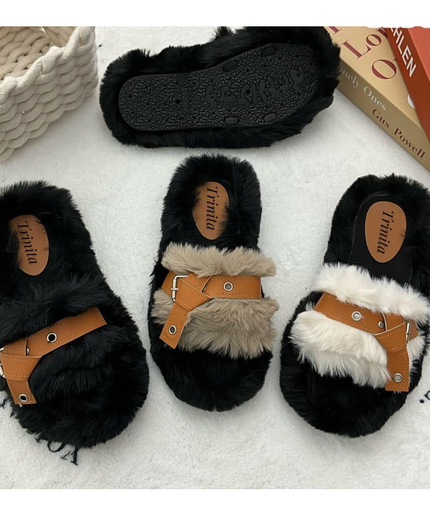 Fur Push-In Flat Sandals