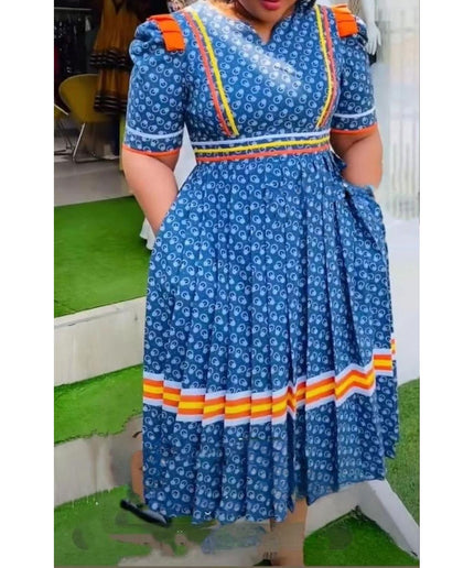 Round V-drop Neck Traditional Dress