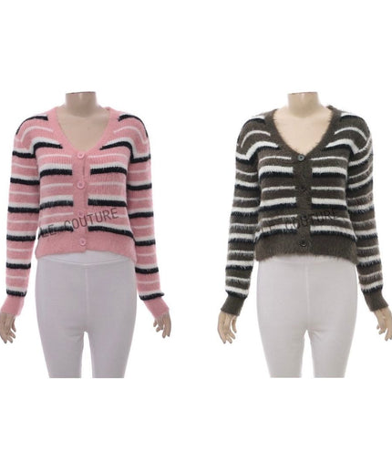 Striped Pattern Fluffy Knit Cardigan