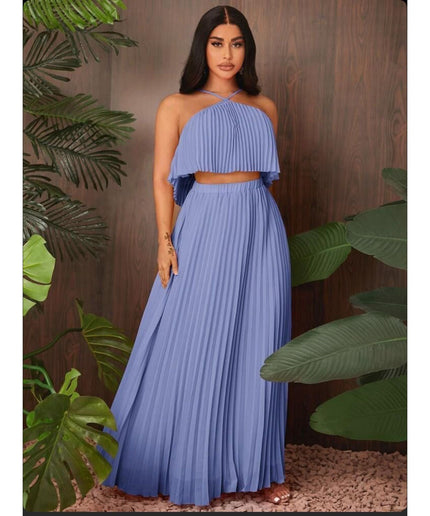 solid pleated halter top & skirt Set