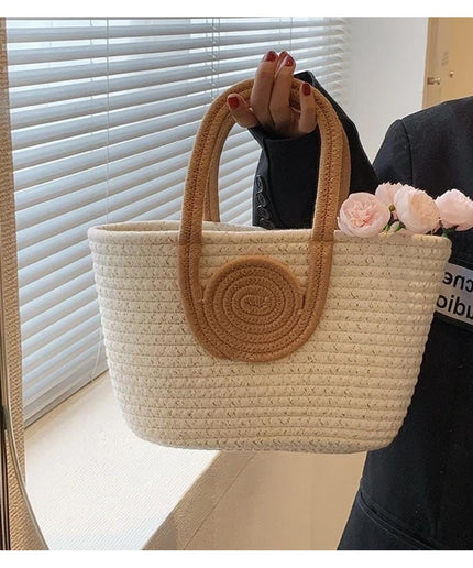 Two-Tone Cotton Rope Woven Tote Handbag.