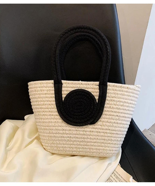 Two-Tone Cotton Rope Woven Tote Handbag.