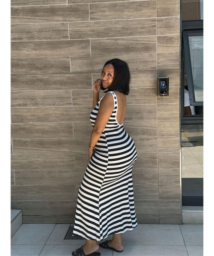 Striped Print Sleeveless Long Bodycon Dress.