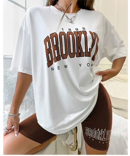 Short Sleeve Ladies Brooklyn Printed T Shirt and Tight Pants Set.