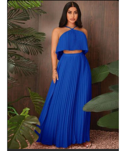 solid pleated halter top & skirt Set