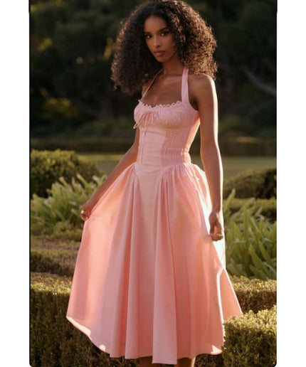 Vintage Bow Tie Front Drop Waist Midi Halter Dress.