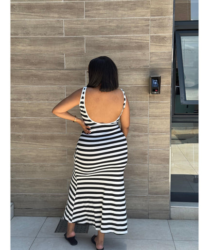 Striped Print Sleeveless Long Bodycon Dress.