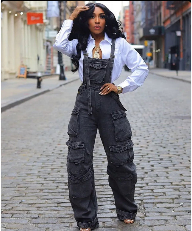 Bulk Jumbo Pockets Loose Denim Jumpsuit.