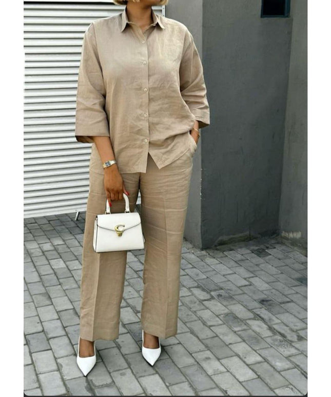 Button Decor Blouse And Relaxed Pants 2 Piece Set.