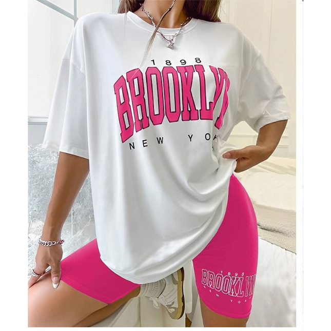 Short Sleeve Ladies Brooklyn Printed T Shirt and Tight Pants Set.