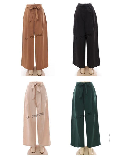 High Waist Plicated Detail Bow Front Wide Leg Pants