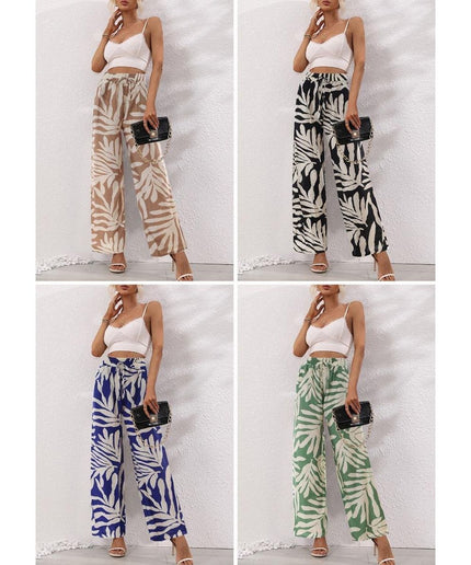 White Leaf Print Straight Leg Pants.