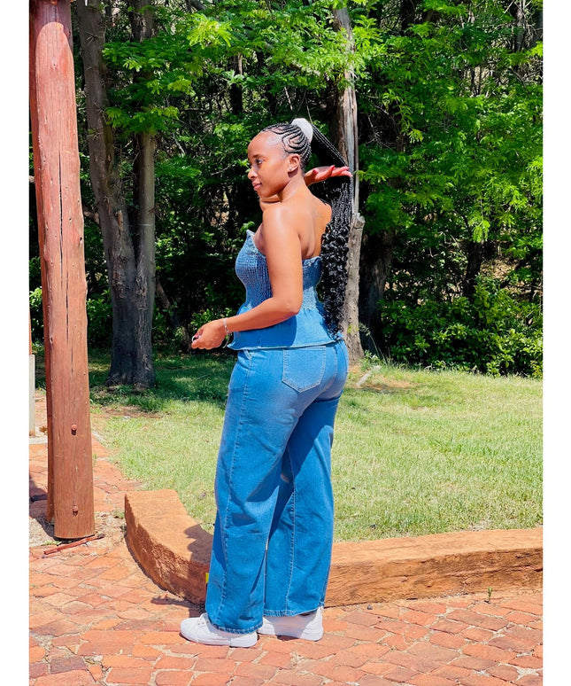 Denim Tube Tops Wide Leg Strapless Pant Sets.