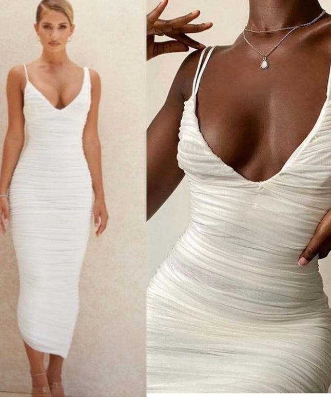 V-Neck Sleeveless Ruched Dress