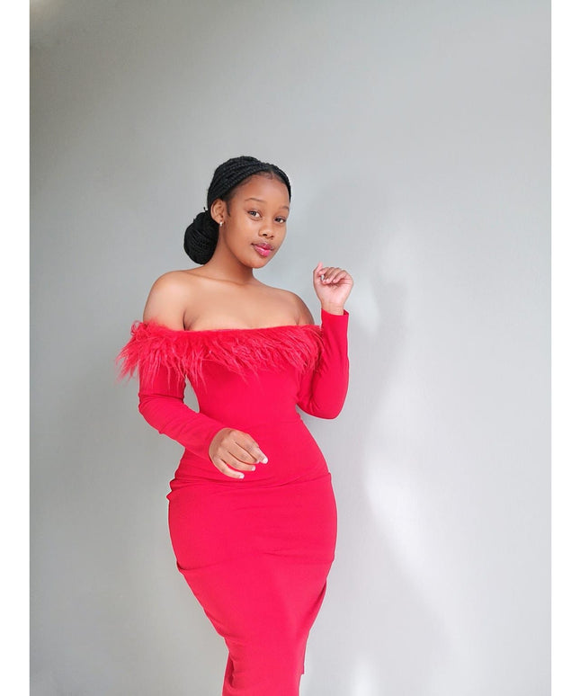 Bodycon Off Shoulder Feather Dress