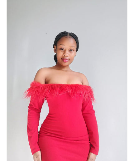 Bodycon Off Shoulder Feather Dress