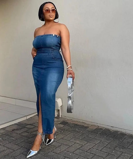 Boob Tube Slit Denim Dress