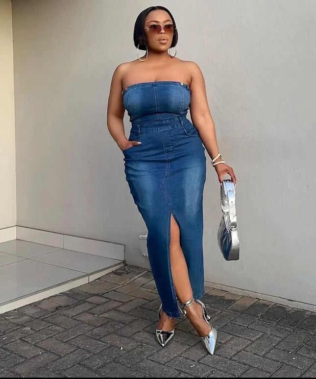 Boob Tube Slit Denim Dress