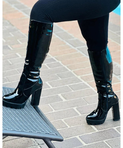 Long Glossy Thick Heel Boots