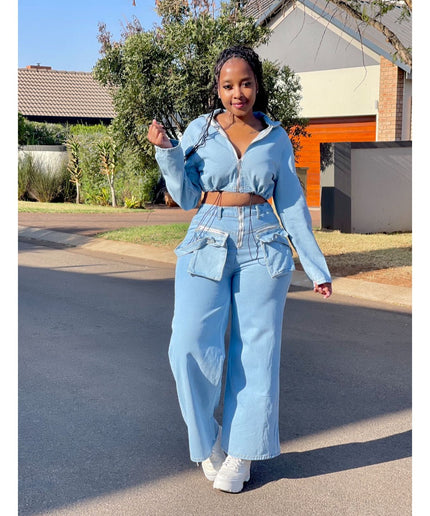 Denim Crop Blouse and Cargo Pant Set