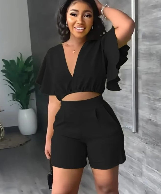 Deep V-Neck Crop Top and Short Set