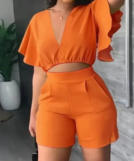 Deep V-Neck Crop Top and Short Set