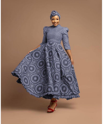 Round Neck Long Sleeve Ankara Dress.