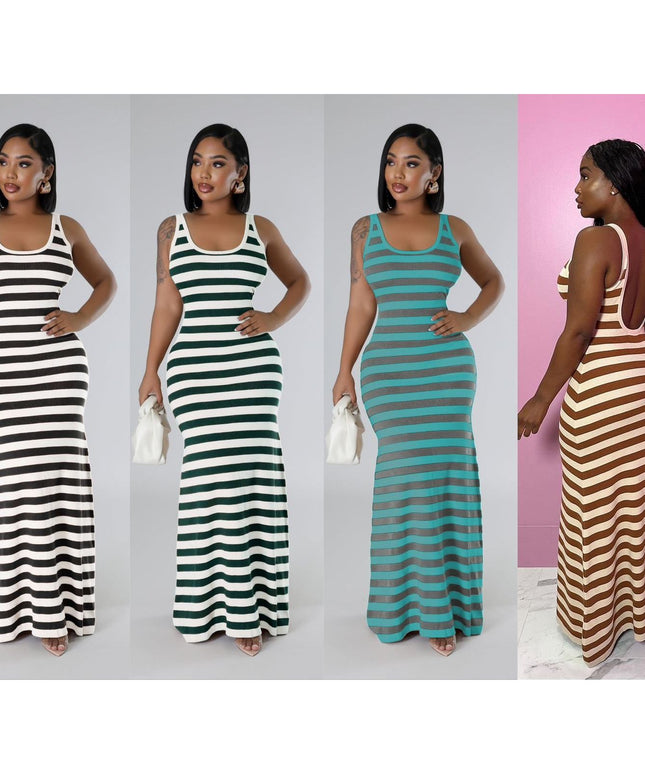 Striped Print Sleeveless Long Bodycon Dress.