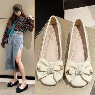 Korean style bow tie lady round toe flat shoes