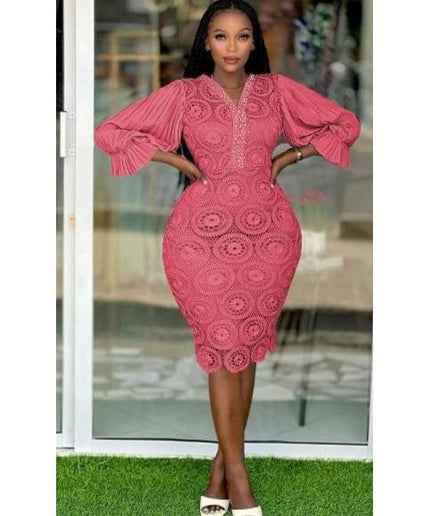 V-Neck Puff Sleeve Cocktail Bodycon Dress