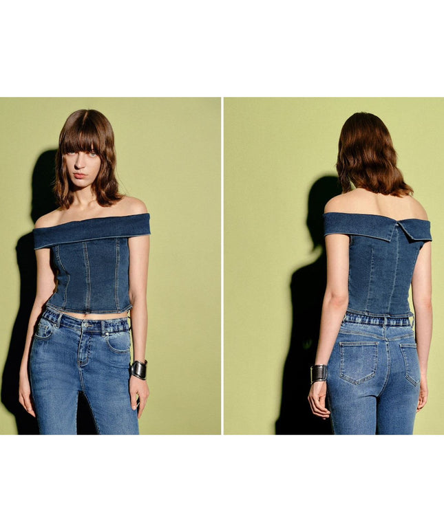 Denim Off-Shoulder Bustier Top.