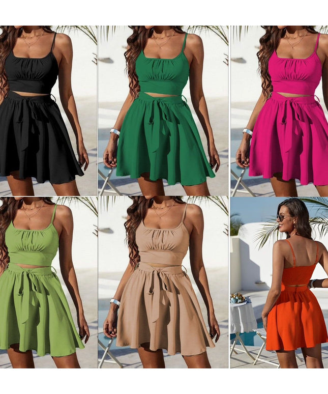 Sleeveless Crop Cami Top & Belted Skirt Set.