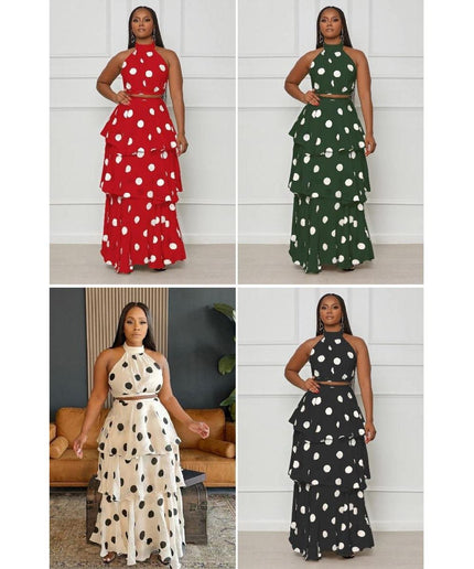 Polka Dot Halter Neck Top & Maxi Skirt Set.