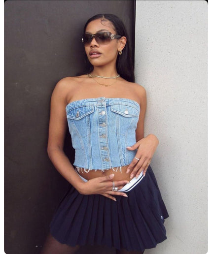 Denim Summer Single Breasted Strapless Crop Top