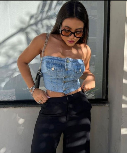 Denim Summer Single Breasted Strapless Crop Top