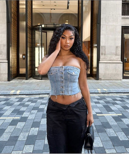 Denim Summer Single Breasted Strapless Crop Top