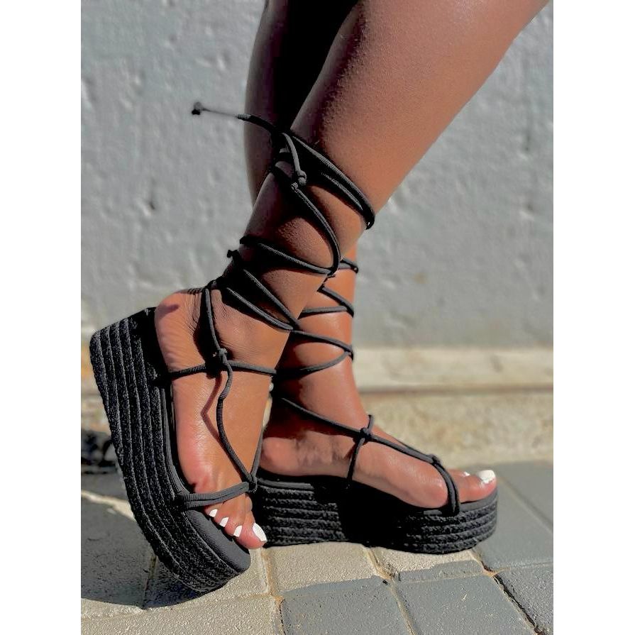 Tie Leg Design Wedge Sandals YELLOW SUB TRADING