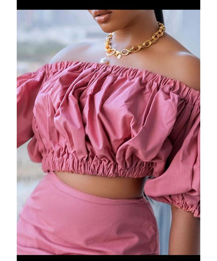 High Waisted Skirt & Crop-Top Off Shoulder Top Set