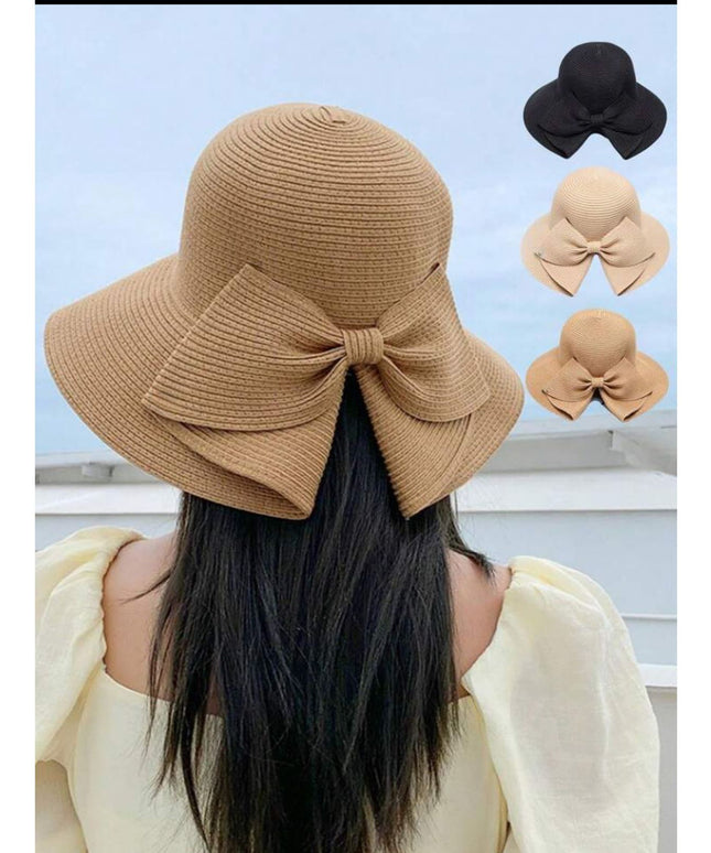 Straw Hat With Bowknot & Wide Brim Hat