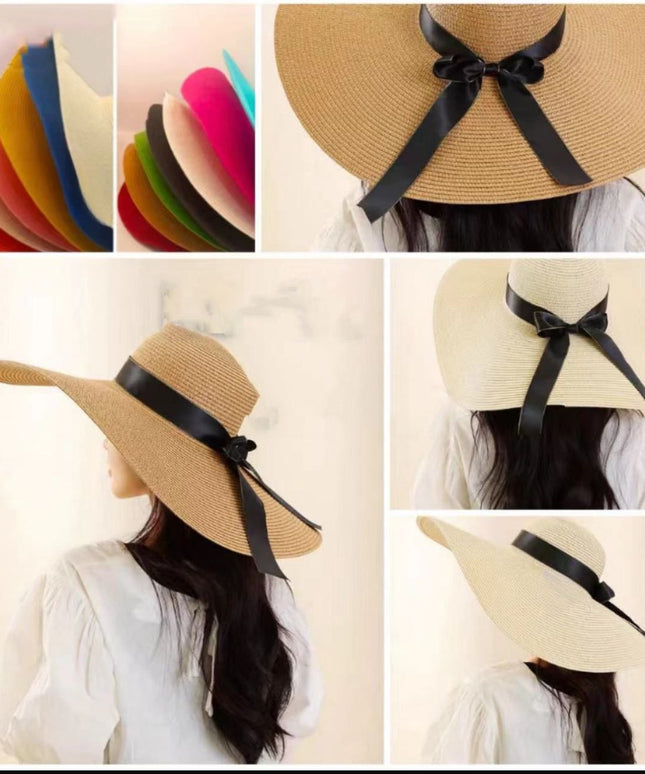 Womens Wide Brim Sun Bowknot Straw Hat