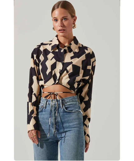 Geometric Print Longsleeve Crop Shirt